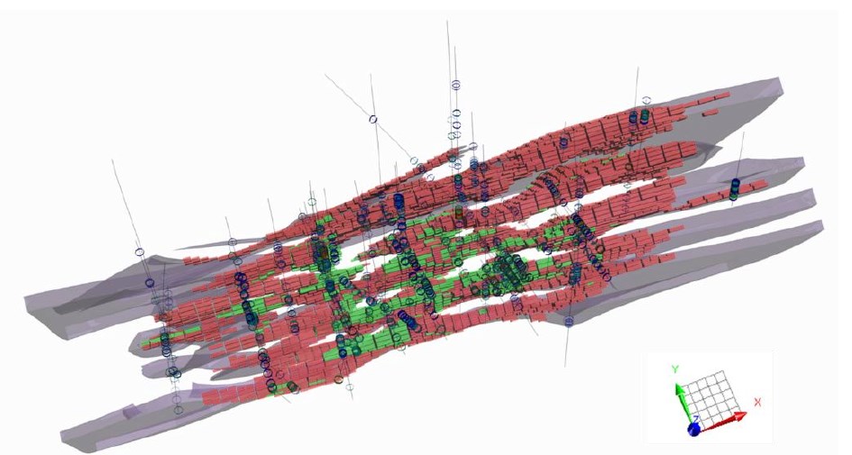 Figure 1: Ngula 1 classified Mineral Resource model, with Indicated Resources shown in green and Inferred Resources shown in red, together with drill traces and the surrounding modelled mineralized envelope.